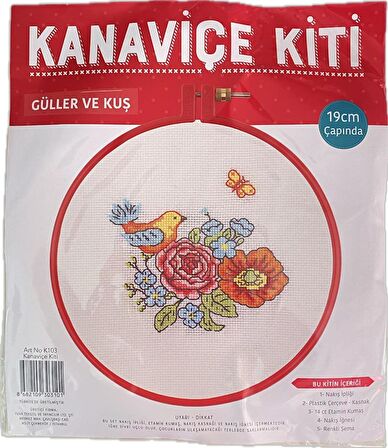 Kanaviçe Kit Nakış Seti Güller Ve Kuş Plastik Kasnaklı 19Cm