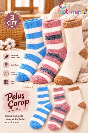 3''lü Kadın Renkli Peluş Sıcak Çorap Seti (SOFT TOUCH)