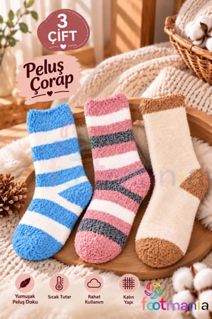 3''lü Kadın Renkli Peluş Sıcak Çorap Seti (SOFT TOUCH)