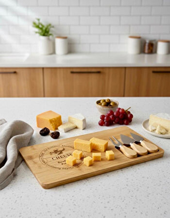 Berina Home Bambu 3 Bıçaklı Peynir Sunum Tahtası - En Büyük Boy - Et Sunumluk - Kahvaltı Sunumluğu