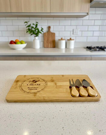 Berina Home Bambu 3 Bıçaklı Peynir Sunum Tahtası - En Büyük Boy - Et Sunumluk - Kahvaltı Sunumluğu
