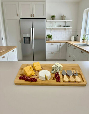 Berina Home Bambu 3 Bıçaklı Peynir Sunum Tahtası - En Büyük Boy - Et Sunumluk - Kahvaltı Sunumluğu