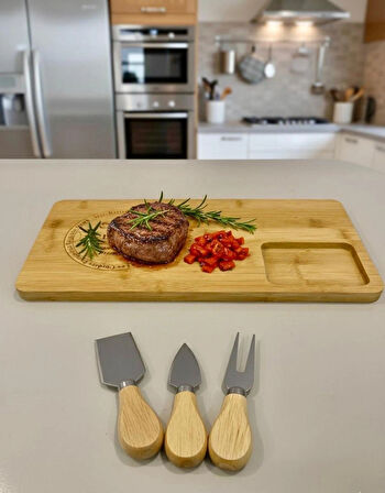 Berina Home Bambu 3 Bıçaklı Peynir Sunum Tahtası - En Büyük Boy - Et Sunumluk - Kahvaltı Sunumluğu