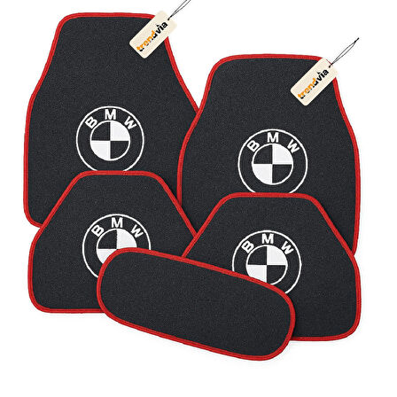 Antrasit Kırmızı Renk BMW Logolu 5’li Oto Halı Paspas Takımı – Premium Kalite, Kaymaz, Tüm Sezon Kullanımına Uygun