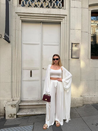 Kadın Viskon 3’lü Takım – Kimono + Beli Lastikli Salaş Pantolon + Crop – 8 Renk