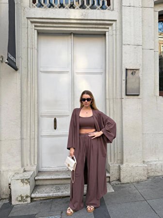 Kadın Viskon 3’lü Takım – Kimono + Beli Lastikli Salaş Pantolon + Crop – 8 Renk
