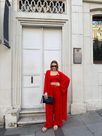 Kadın Viskon 3’lü Takım – Kimono + Beli Lastikli Salaş Pantolon + Crop – 8 Renk