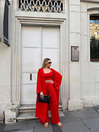 Kadın Viskon 3’lü Takım – Kimono + Beli Lastikli Salaş Pantolon + Crop – 8 Renk