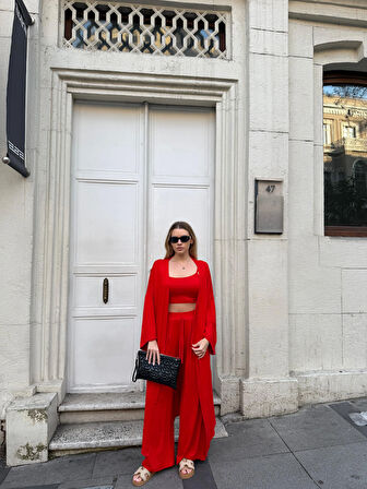 Kadın Viskon 3’lü Takım – Kimono + Beli Lastikli Salaş Pantolon + Crop – 8 Renk