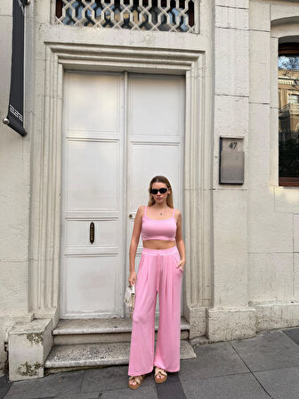 Kadın Viskon 3’lü Takım – Kimono + Beli Lastikli Salaş Pantolon + Crop – 8 Renk