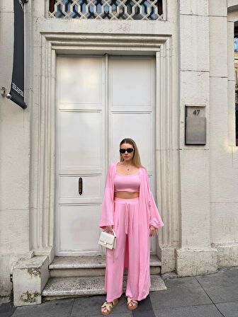 Kadın Viskon 3’lü Takım – Kimono + Beli Lastikli Salaş Pantolon + Crop – 8 Renk