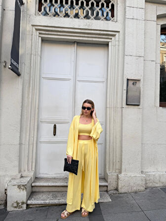Kadın Viskon 3’lü Takım – Kimono + Beli Lastikli Salaş Pantolon + Crop – 8 Renk