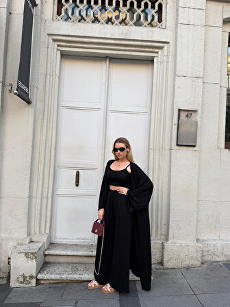 Kadın Viskon 3’lü Takım – Kimono + Beli Lastikli Salaş Pantolon + Crop – 8 Renk