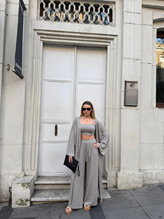 Kadın Viskon 3’lü Takım – Kimono + Beli Lastikli Salaş Pantolon + Crop – 8 Renk
