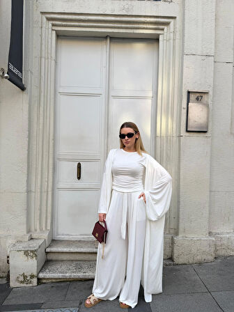 Kadın Viskon 3’lü Takım – Kimono + Beli Lastikli Salaş Pantolon + Kısa Kol (Tshirt) – 8 Renk