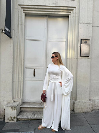 Kadın Viskon 3’lü Takım – Kimono + Beli Lastikli Salaş Pantolon + Kısa Kol (Tshirt) – 8 Renk