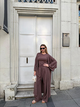 Kadın Viskon 3’lü Takım – Kimono + Beli Lastikli Salaş Pantolon + Kısa Kol (Tshirt) – 8 Renk