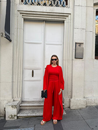 Kadın Viskon 3’lü Takım – Kimono + Beli Lastikli Salaş Pantolon + Kısa Kol (Tshirt) – 8 Renk