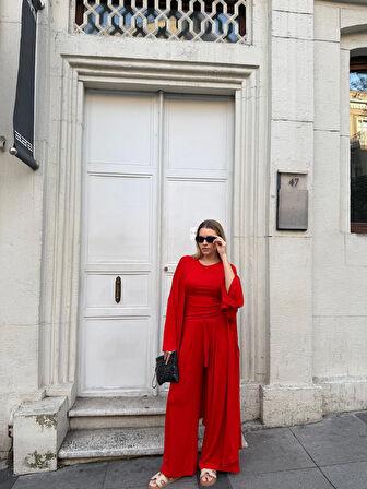 Kadın Viskon 3’lü Takım – Kimono + Beli Lastikli Salaş Pantolon + Kısa Kol (Tshirt) – 8 Renk