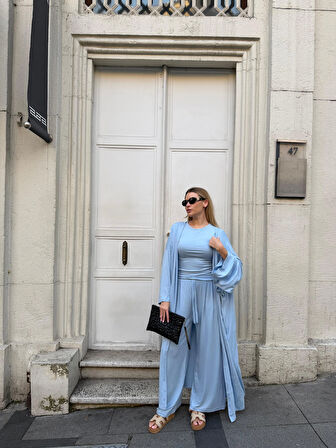 Kadın Viskon 3’lü Takım – Kimono + Beli Lastikli Salaş Pantolon + Kısa Kol (Tshirt) – 8 Renk