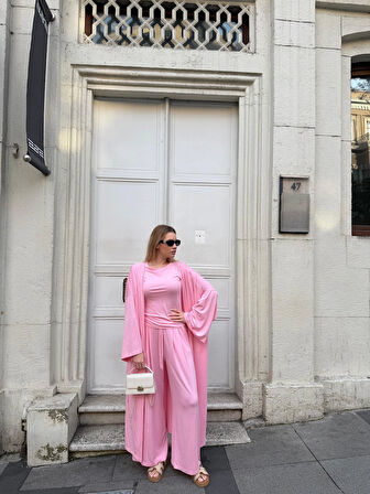 Kadın Viskon 3’lü Takım – Kimono + Beli Lastikli Salaş Pantolon + Kısa Kol (Tshirt) – 8 Renk