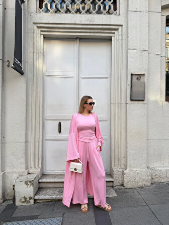 Kadın Viskon 3’lü Takım – Kimono + Beli Lastikli Salaş Pantolon + Kısa Kol (Tshirt) – 8 Renk