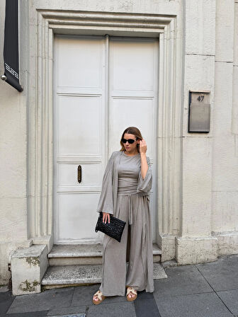 Kadın Viskon 3’lü Takım – Kimono + Beli Lastikli Salaş Pantolon + Kısa Kol (Tshirt) – 8 Renk