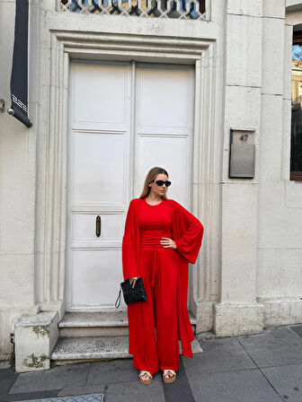 Kadın Viskon 3’lü Takım – Kimono + Beli Lastikli Salaş Pantolon + Sıfır Kol (Kolsuz) – 8 Renk