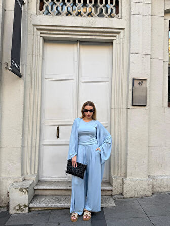 Kadın Viskon 3’lü Takım – Kimono + Beli Lastikli Salaş Pantolon + Sıfır Kol (Kolsuz) – 8 Renk