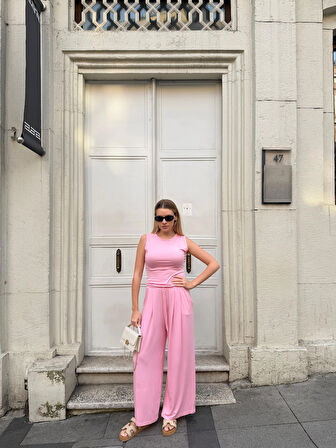 Kadın Viskon 3’lü Takım – Kimono + Beli Lastikli Salaş Pantolon + Sıfır Kol (Kolsuz) – 8 Renk