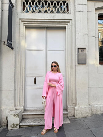 Kadın Viskon 3’lü Takım – Kimono + Beli Lastikli Salaş Pantolon + Sıfır Kol (Kolsuz) – 8 Renk