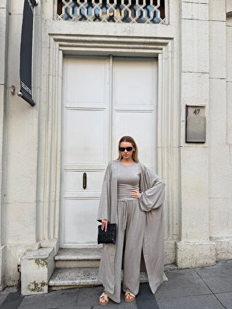 Kadın Viskon 3’lü Takım – Kimono + Beli Lastikli Salaş Pantolon + Sıfır Kol (Kolsuz) – 8 Renk