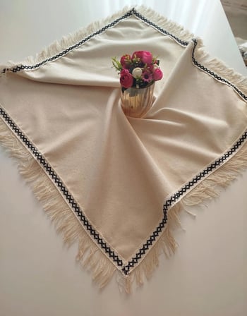 Cendere Saçaklı %100 Pamuklu Doğal Keten Kumaş Vintage Jüt Aksesuarlı 85x85 cm 