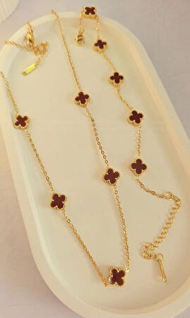 Çelik Kolye Seti - Yonca Kolye Ve Bileklik Seti - Paslanmaz Çelik