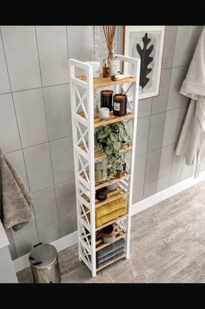 MİNİ BEYAZ MASİF AHŞAP Dekoratif Banyo Rafı Havluluk Peçetelik 8 KATLI BEYAZ