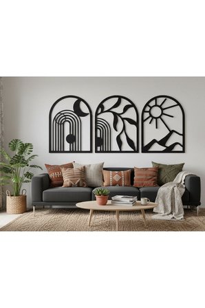3 lü Set Bohem Serisi Ahşap Duvar Dekorasyon Tablo Toplam Ölçü 90x40 cm Siyah Renk