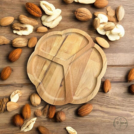 Üç Bölmeli Ahşap Sunumluk/Çerezlik