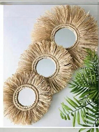3lü Aynalı Boncuklu Rafya Duvar Süsü