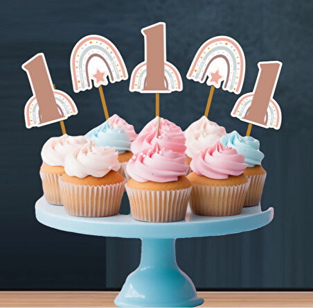 Bohem Gökkuşağı Temalı 3 Lü Set One 1 Yaş Doğum Günü Süsü Banner + Pasta Süsü + Cupcake Kürdani