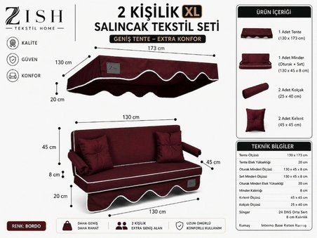 2 Kişilik Bahçe Balkon Salıncağı Tekstil Seti 130x45x8 Cm Minder Ölçüsü Oturak Sırt Minderi ve 130x173 Tente Takımı BORDO, Metal iskelet dahil değildir