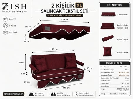 Zish Home ALTALENO Bordo 2 Kişilik 130×45 cm Süngerli Bahçe Balkon Salıncak Minderi | Yıkanabilir Kılıflı, Tenteli Keten Kumaş Tekstil Seti | 24 DNS 8 cm Orta Sert Sünger