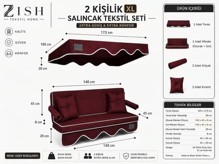 2 Kişilik Bahçe Balkon Salıncağı Tekstil Seti 140x45x8 Cm Minder Ölçüsü Oturak Sırt Minderi ve Tente Takımı BORDO, Metal iskelet dahil değildir