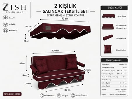  2 Kişilik Bahçe Balkon Salıncağı Tekstil Seti 140x45x8 Cm Minder Ölçüsü Oturak Sırt Minderi ve Tente Takımı BORDO, Metal iskelet dahil değildir