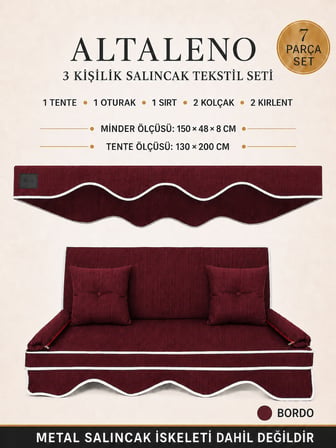 Zish Home ALTALENO Bordo 3 Kişilik 150×48 cm Süngerli Bahçe Balkon Salıncak Minderi | Yıkanabilir Kılıflı, Tenteli Keten Kumaş Tekstil Seti | 24 DNS 8 cm Orta Sert Sünger