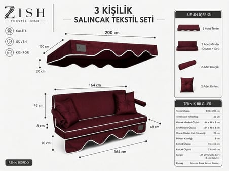 3 Kişilik Bahçe Balkon Salıncağı Tekstil Seti 150x48x8 Cm Minder Ölçüsü Oturak Sırt Minderi ve Tente Takımı Bordo, Metal iskelet dahil değildir