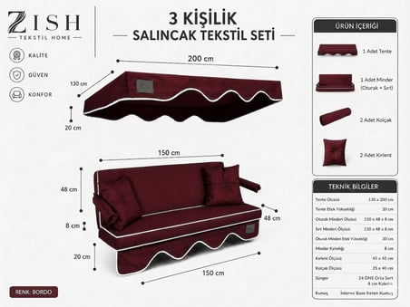 Zish Home ALTALENO Bordo 3 Kişilik 164×48 cm Süngerli Bahçe Balkon Salıncak Minderi | Yıkanabilir Kılıflı, Tenteli Keten Kumaş Tekstil Seti | 24 DNS 8 cm Orta Sert Sünger