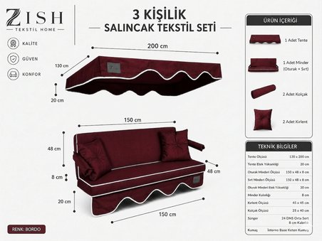 3 Kişilik Bahçe Balkon Salıncağı Tekstil Seti 164x48x8 Cm Minder Ölçüsü Oturak Sırt Minderi ve Tente Takımı Bordo, Metal iskelet dahil değildir