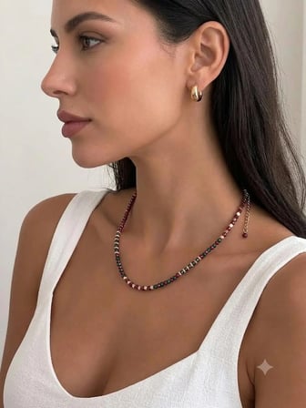 Lebayla Design Kristal Kolye Bordo Yeşil Hematit Minimal Tasarım 40-45 cm
