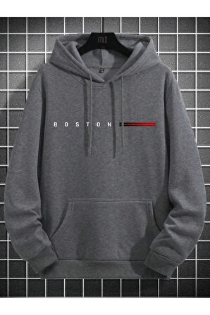 Erkek Boston Baskılı Oversize Kapşonlu Sweatshirt