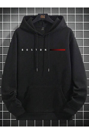 Erkek Boston Baskılı Oversize Kapşonlu Sweatshirt